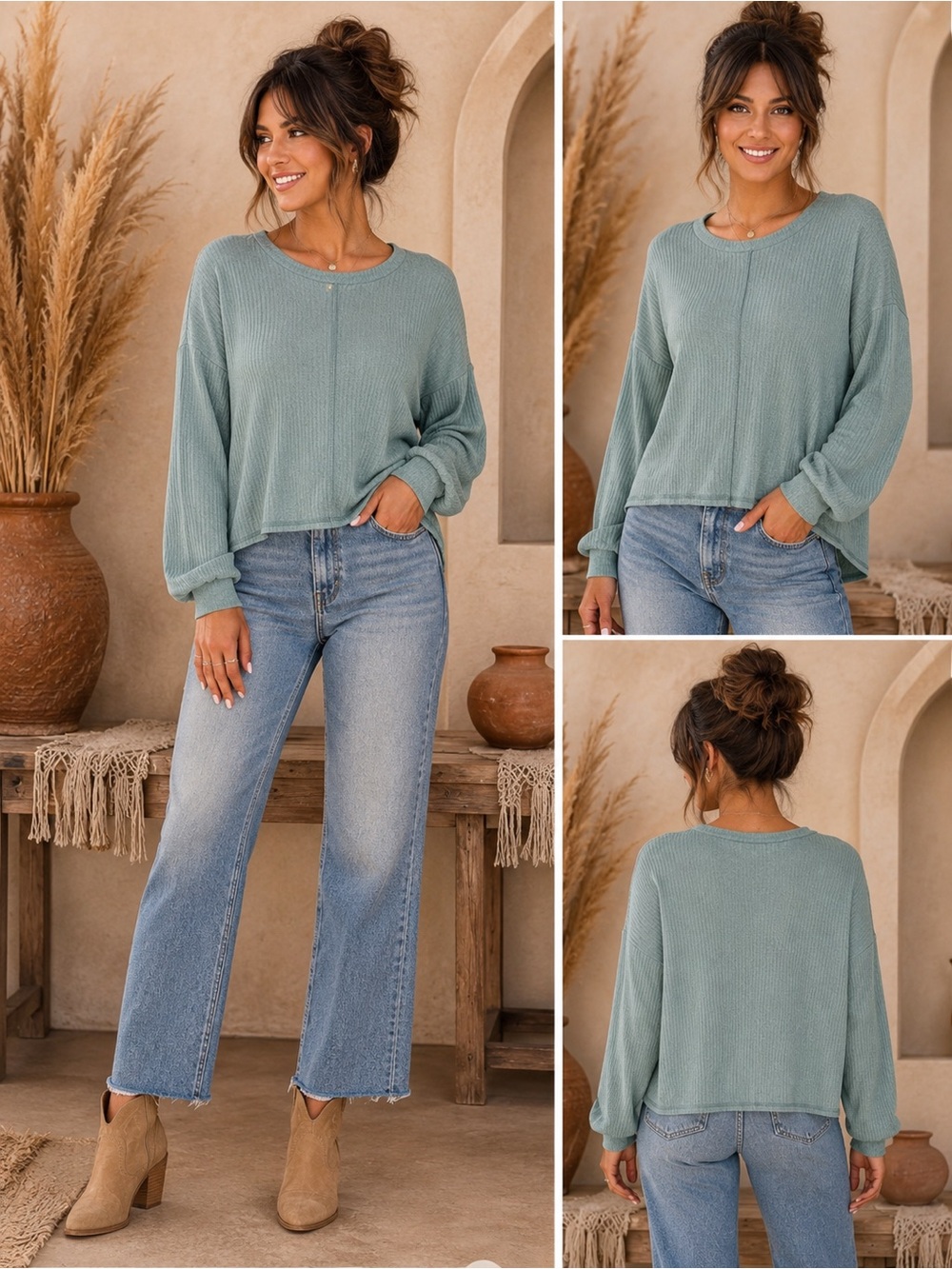 new Blumin Apparel Ribbed Knit Crewneck Top in Sage Green